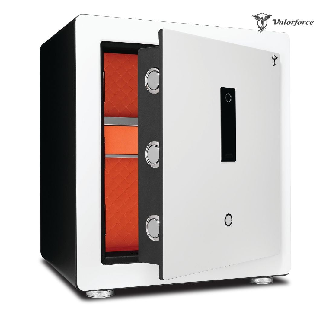 Le Blanc safe biometric fingerprint scanner close-up
Le Blanc safe orange interior with jewelry drawer