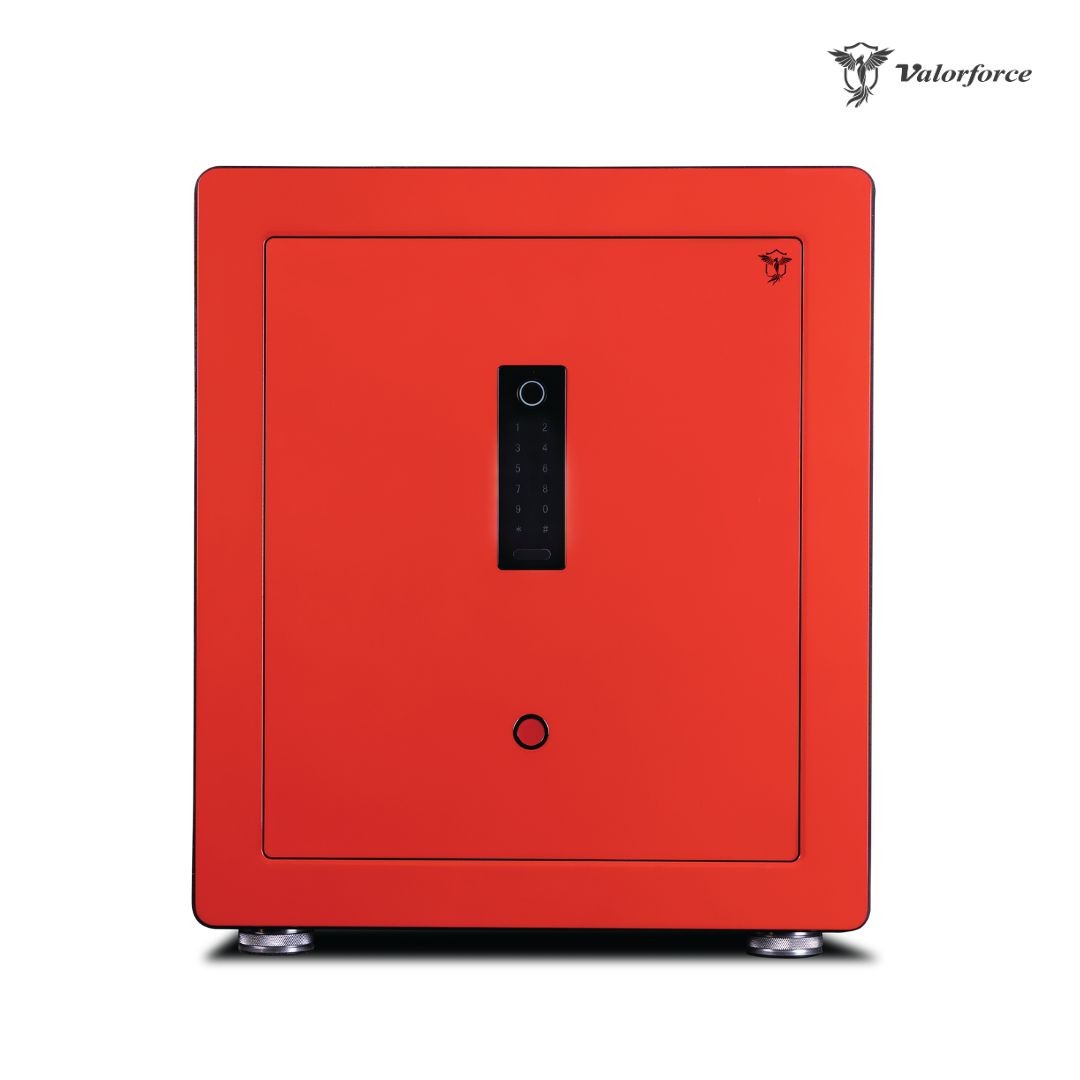 Le Blanc safe biometric fingerprint scanner close-up
Le Blanc safe orange interior with jewellery drawer