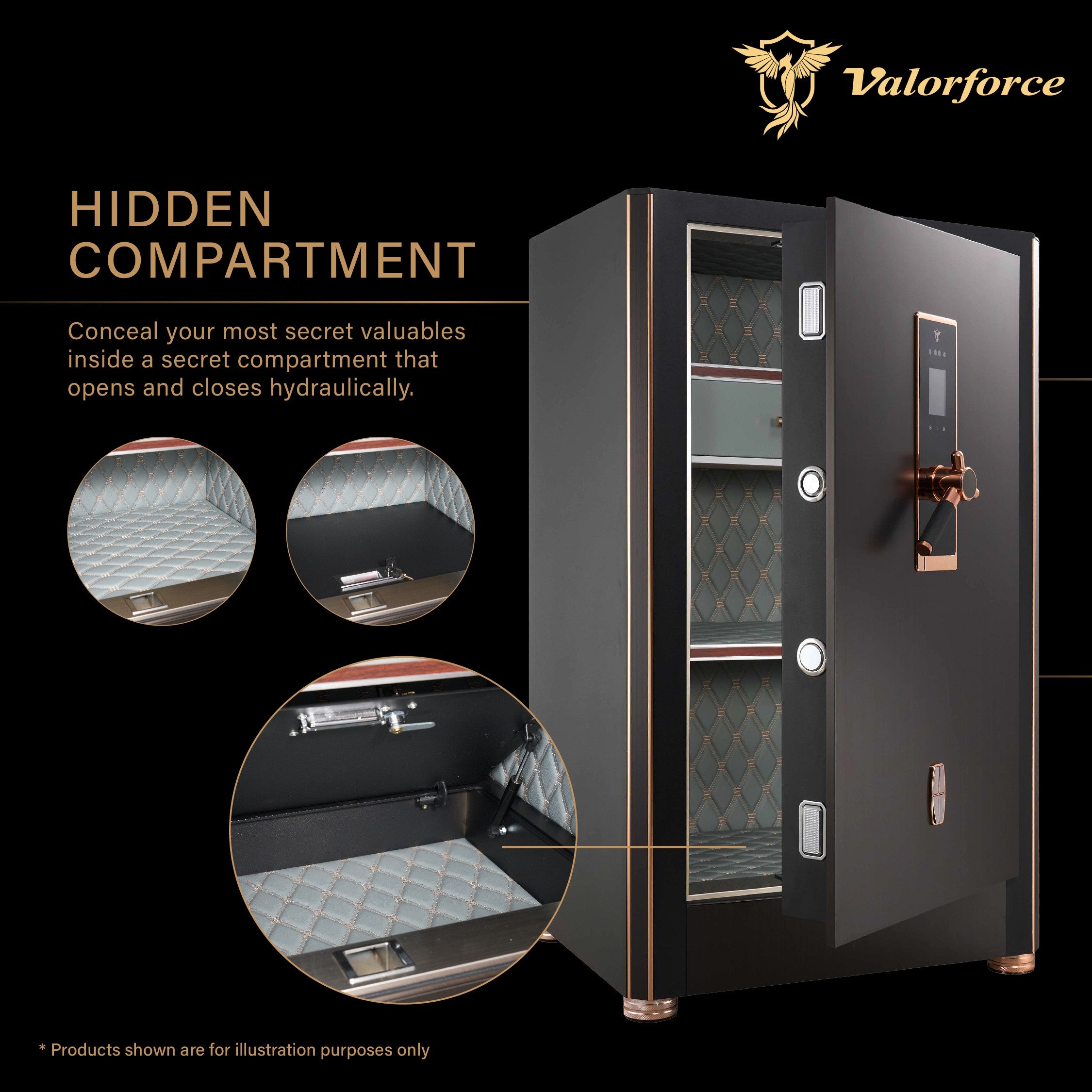 Interior compartments of Onyx M safes
Hidden compartment inside