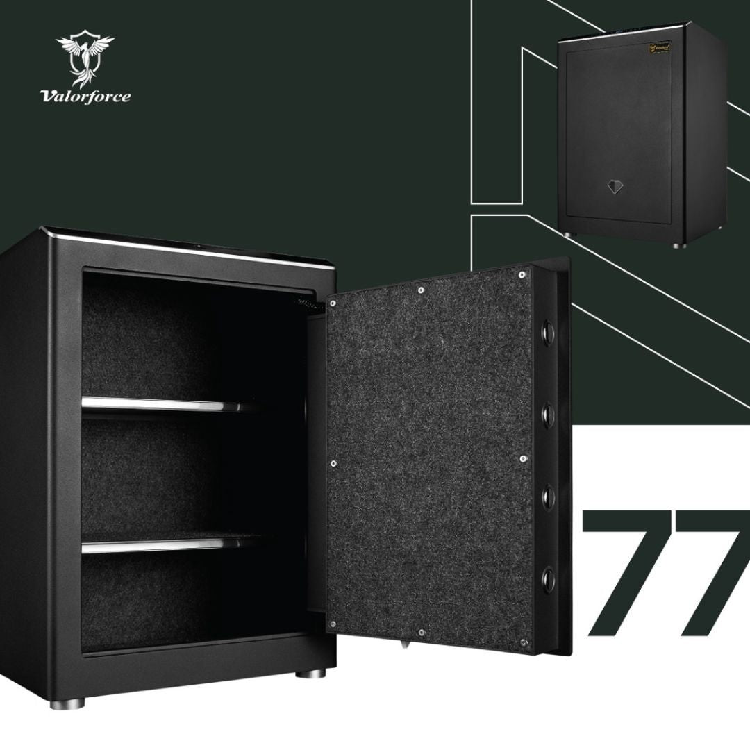 Valorforce PX77 fingerprint safe – closed view
PX77 biometric safe – open with shelves