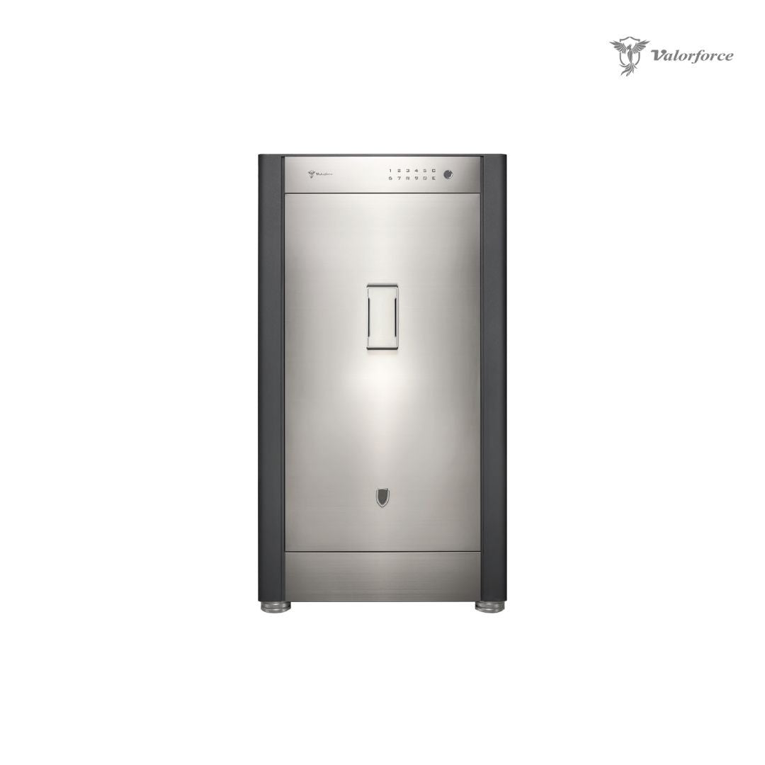 Revival R100 stainless steel heavy-duty safe – front view
Valorforce Revival R100 safe – biometric lock panel
R100 safe velvet-lined interior drawers