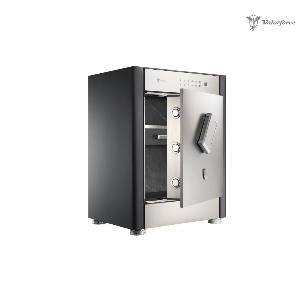Valorforce stainless steel vault with biometric access panel
Elegant jewellery safe with zinc alloy handle – R60 safe