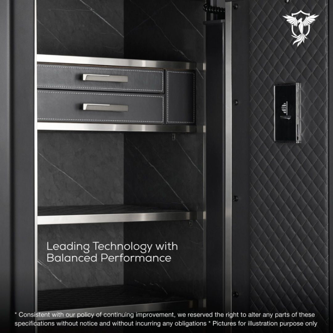 Zinc alloy handle detail on Valorforce R80 safe
Secure bi-fold drawers in R80 safe – home office installation