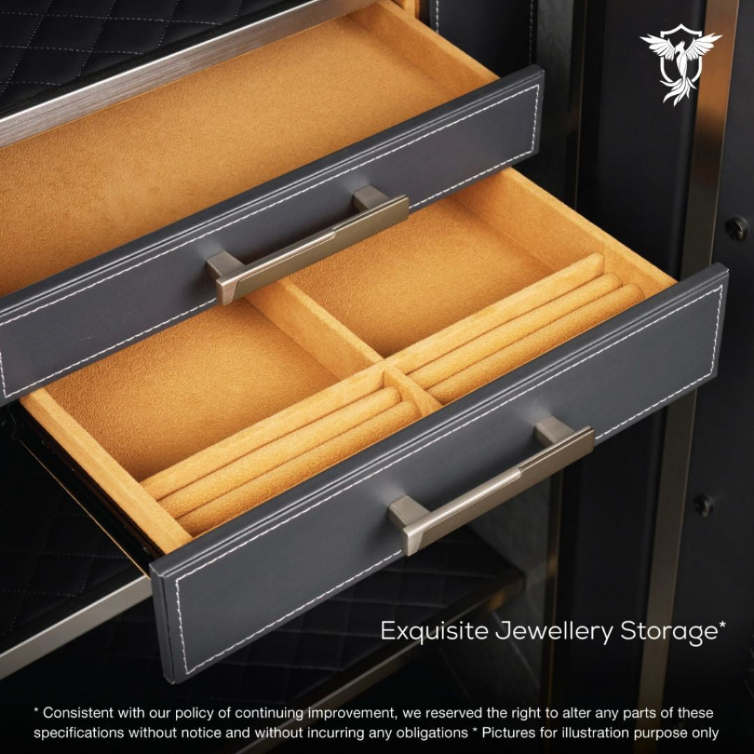 Zinc alloy handle detail on Valorforce R80 safe
Secure bi-fold drawers in R80 safe – home office installation