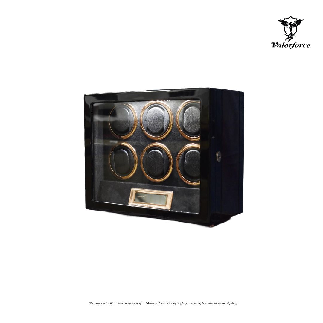 Valorforce Digital Winder HDW6 high-gloss exterior with LED display

6-watch digital winder LED lit – HDW6

Digital TPD control panel on watch winder HDW6

Secure key-lock watch winder suede interior HDW6