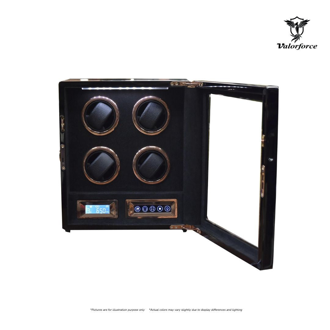 Valorforce Digital Watch Winder DW4 high-gloss finish

4-watch digital winder with LED lighting – DW4

Digital TPD control panel watch winder DW4

Secure key-lock luxury watch winder DW4 interior