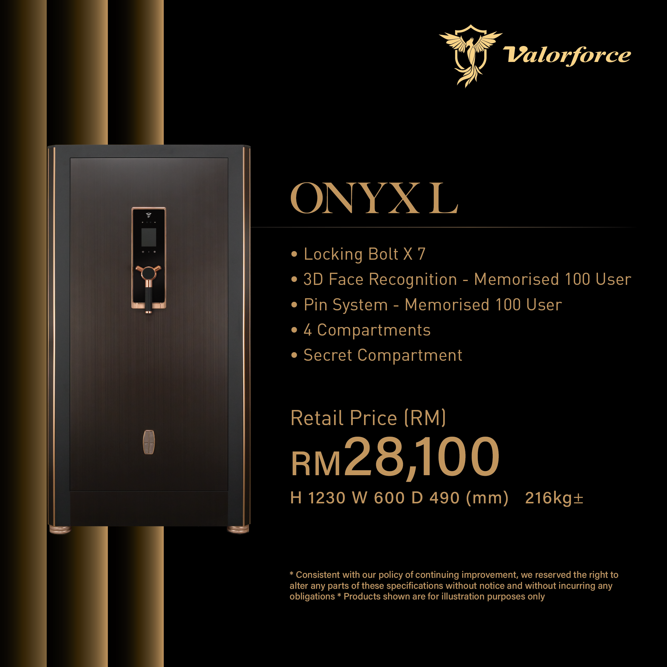 Valorforce Onyx L Fireproof Safe with biometric facial recognition panel safe box malaysia