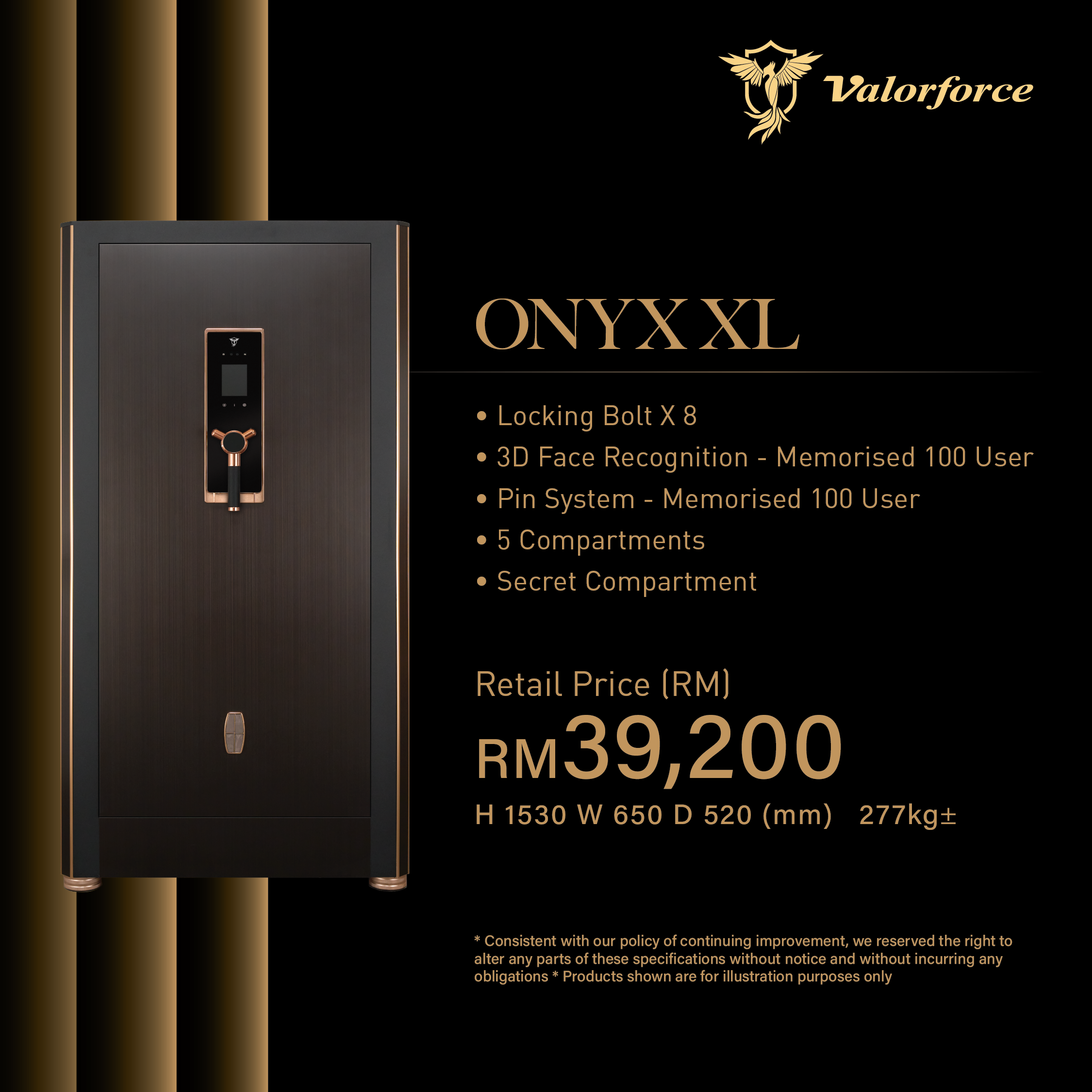 Valorforce Onyx XL Fireproof Safe with biometric facial recognition panel safe box malaysia
