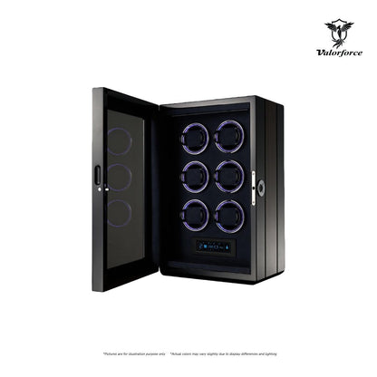 Valorforce Pulse Series FDW6L fingerprint watch winder high-gloss veneer

6-watch biometric winder with LED display FDW6L

Digital TPD control panel on watch winder FDW6L

Velvet interior of Pulse Series winder FDW6L