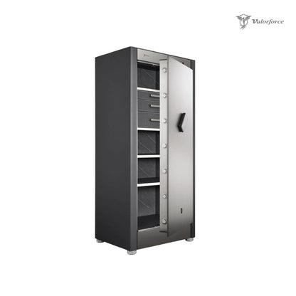 Heavy-duty zinc alloy handle on R150 safe
Large stainless vault for documents and jewelry – R150 model