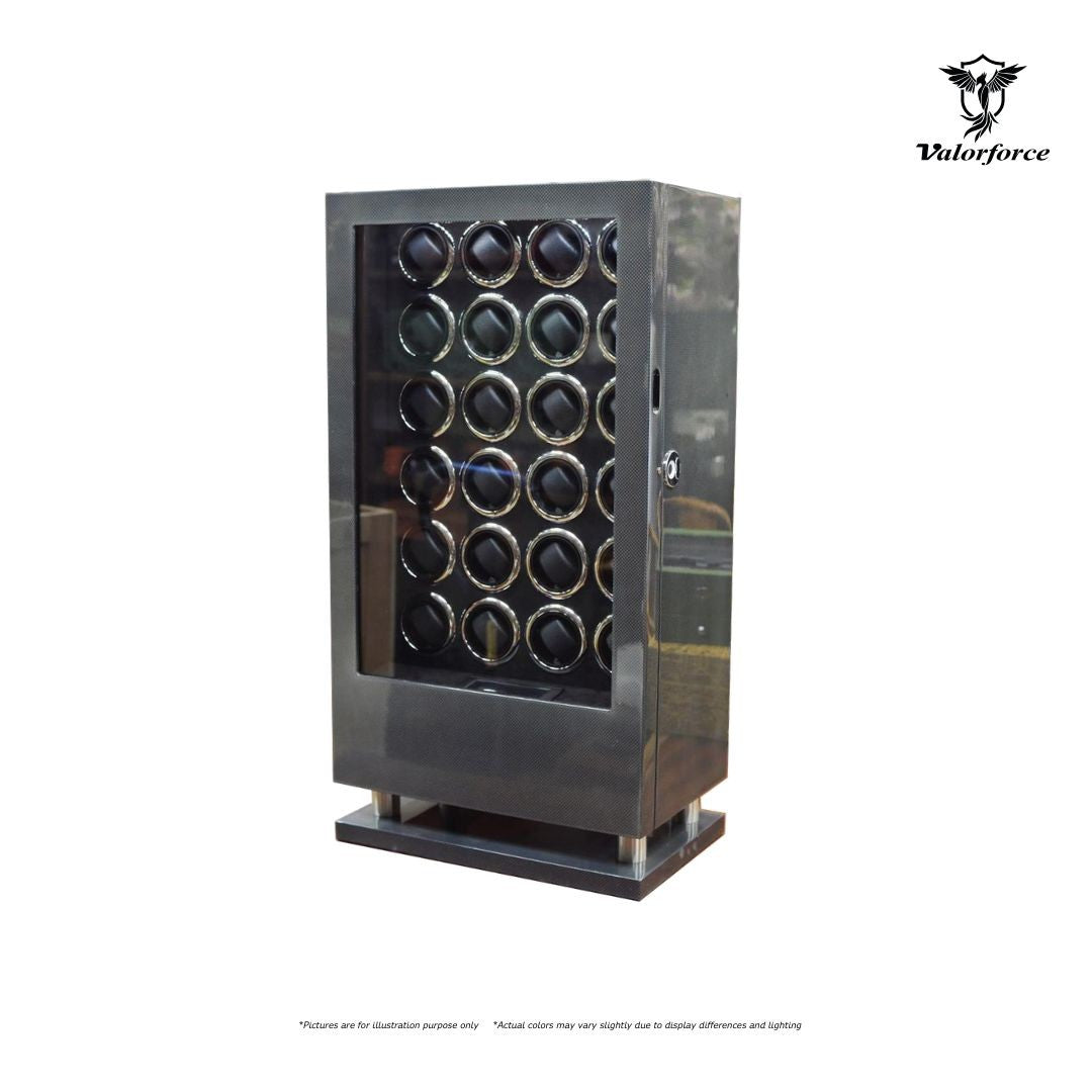 Valorforce Digital Winder DWS24 fingerprint watch winder exterior

24-watch digital winder with LED lighting – DWS24

Dual digital control panels on DWS24 watch winder

Key-lock luxury watch winder suede interior DWS24