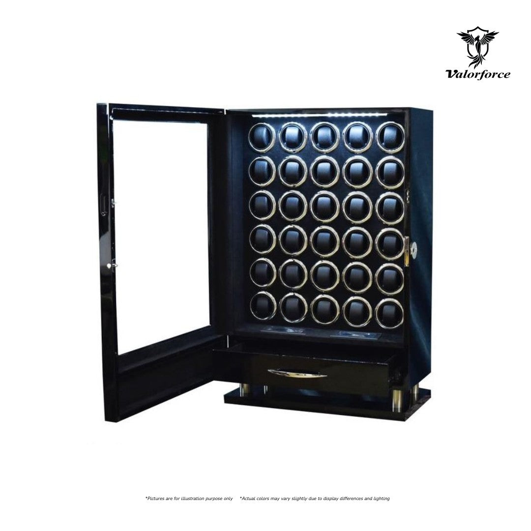 Valorforce Digital Winder DWS30 fingerprint lock high-gloss exterior

30-watch LED-lit digital winder – DWS30

Dual TPD control panels on DWS30 watch winder

Luxury suede-lined interior of DWS30