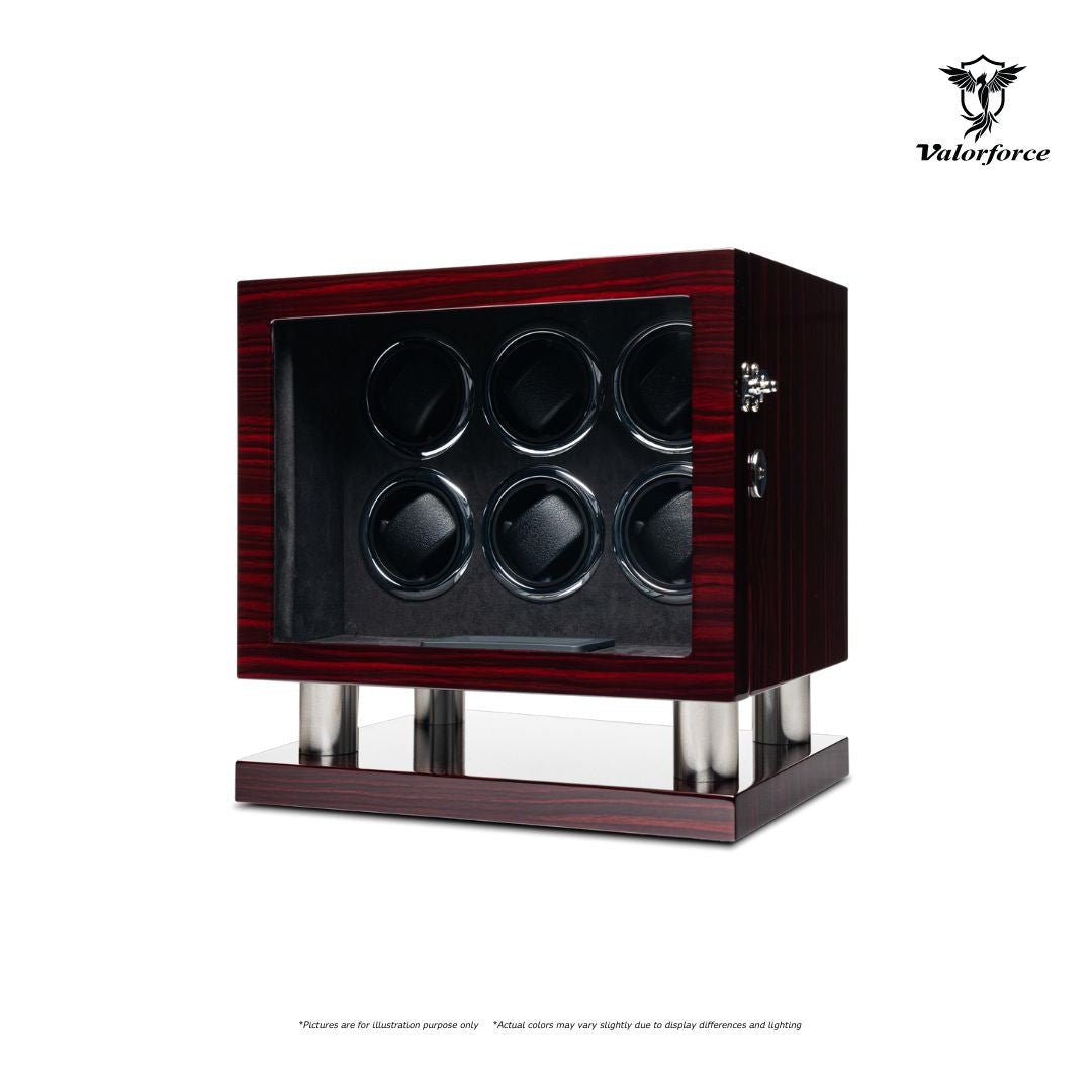 Valorforce Digital Winder DWS6 high-gloss LED display exterior

6-watch digital winder with key-lock – DWS6

Digital TPD control panel watch winder DWS6

Lined suede interior of DWS6 watch winder