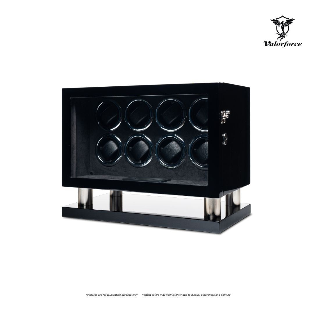 Valorforce Digital Winder DWS8 high-gloss LED display exterior

8-watch digital winder with LED lighting – DWS8

Digital TPD control panel watch winder DWS8

Key-lock luxury suede interior winder DWS8
